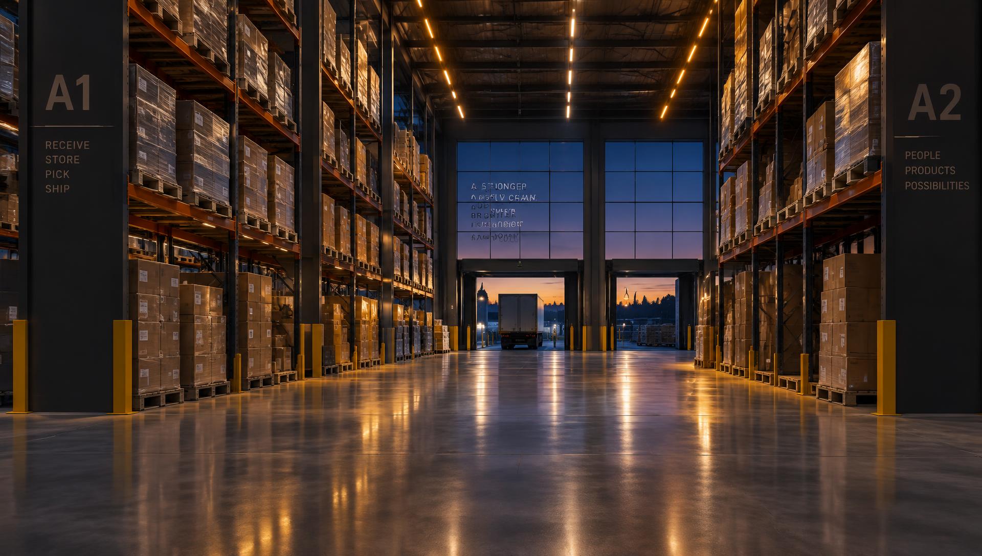 Modern distribution warehouse interior with warm LED lighting